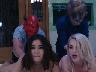 When boyfriends start stroking Aria Lee and Stevie Grey's pussies from behind, the girls can't even imagine that it's their stepdads. The men surprise 'em revealing faces and fuck these bitches.