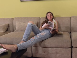 Guy catches breasty stepsister masturbating and she agrees to assist him by giving handjob. It ends with awesome cumshot and next day he confronts chick in living room hoping to see her curves again.