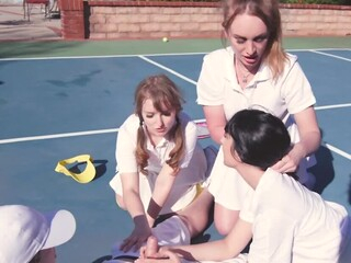 Tennis trainer says if Daisy Stone, Daphne Dare, and Cleo Clementine want to make it to the finals, they need to work as a team, no matter what. These delectable three fucksluts know what he means.