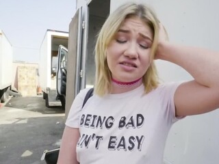 On the parking lot, dude spots abated legal age teenager Zelda Morrison and hooks up with her. They find quiet spot between trailers where nice-looking nymph flashes petite tits, gives blowjob and gets penetrated from behind.